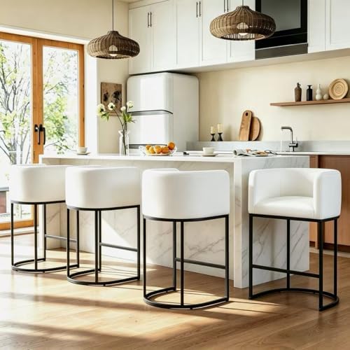 26" H Counter Height Bar Stools Set of 4, Modern Barrel Counter Stools with Backrest and Arms, Linen Fabric Upholstered Accent Barstools for Kitchen Island,Support 450 LBS (White) by VATROS