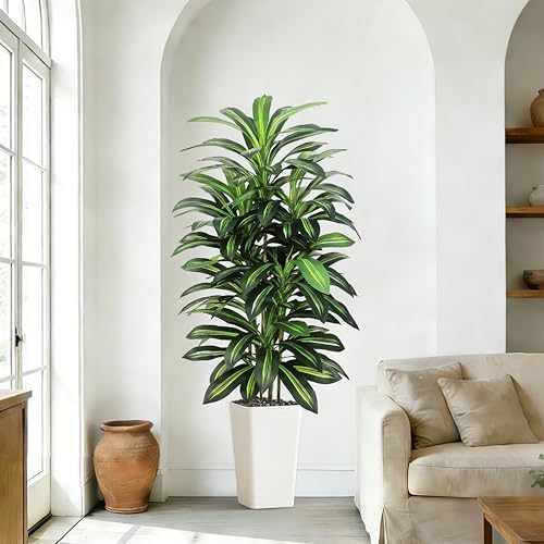 Artificial Dracaena Tree Indoor, 6FT Tall Fake Floor Plants with White Planter & Pebbles, Faux Silk Yucca Tree for Home Office Living Room Bedroom Farmhouse Modern Outdoor Topiary Tree - Image 2