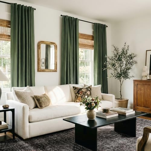 Faux Linen Total Blackout Curtains for Bedroom 120 Inches Long, Moss Green - Image 5