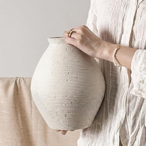 Large White Distressed Ceramic Vase, Rustic Ribbed Textured Floor Vase for Living Room Decor, Handmade Modern Farmhouse Vase for Pampas Grass (Cool-White) - Image 5