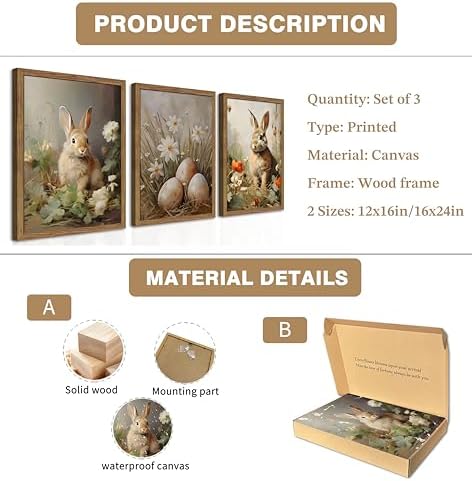 Vintage Easter Bunny Wall Art Set of 3, Spring Easter Rabbit Eggs Canvas Wall Decor Paintings, Rustic Farmhouse Animal Artwork Prints Pictures for Living Room Bedroom Bathroom 16x24 Inch Framed - Image 3