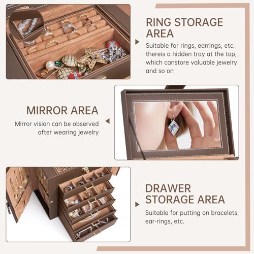 AKOZLIN 6-Tier Jewelry Box Organizer 5 Drawers Storage Medium Brown - Image 4