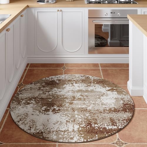 Brown Round Area Rugs 4ft Washable Circle Rug for Entryway Kitchen, Non Slip Soft Low Pile Stain Resistant, Boho Circular Carpet for Living Room Bedroom Dorm Dining Room Table, Abstract Coffee - Image 3