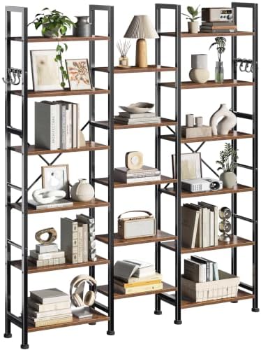 Furologee Triple Column 6 Tier Bookshelf, Large Bookcase with 17 Display Shelves, Wide Book Shelf with 6 Hooks, Adjustable Rustic Bookshelves Storage Organizer, Shelving Unit for Living Room, Office by Furologee