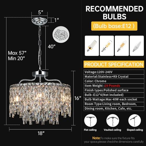 18" 6-Light Modern Round Crystal Chandeliers for Dining Room,Chrome - Image 5