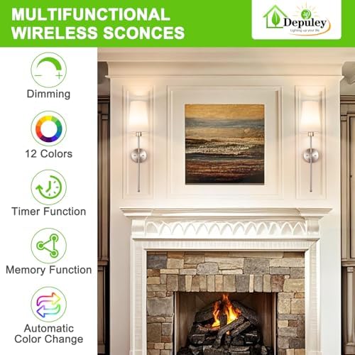 Depuley Battery Operated Wall Sconce: 27" Set of 2 Wireless Wall Lights with Remote for Bedroom - Rechargeable 15 Colors Wall Lamp for Living Room Hallway Decor - Brushed Nickel - Image 2