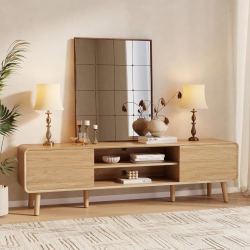 Nasonet 70" Mid Century Modern TV Stand for Tvs up to 80", Entertainment Center with Storage, Sideboard Media Console for Living Room with 2 Sliding Door/Adjustable Shelves, Oak - Image 7