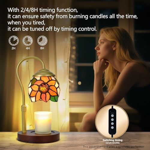 Candle Warmer Lamp, Sunflower Tiffany Stained Glass with 2 Bulbs - Image 4