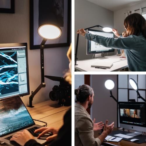 LUME CUBE Edge 2.0 LED Desk Lamp | Dimmable Home Office Desk Light with USB Charging Port & Strong Swing Arm | Adjustable Color Temperature and Brightness | Circle Webcam Light - Black - Image 2