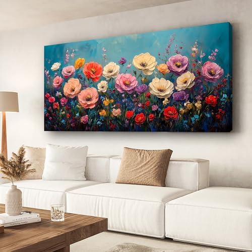 Vibrant Multicolor Flower Picture Print Canvas Wall Art Living Room Dining Room Office Study Bedroom Wall Decor Wall Art Prints Modern Style Artwork Waterproof Ready to Hang - 20x40 Inch by HaichuangDecorArt