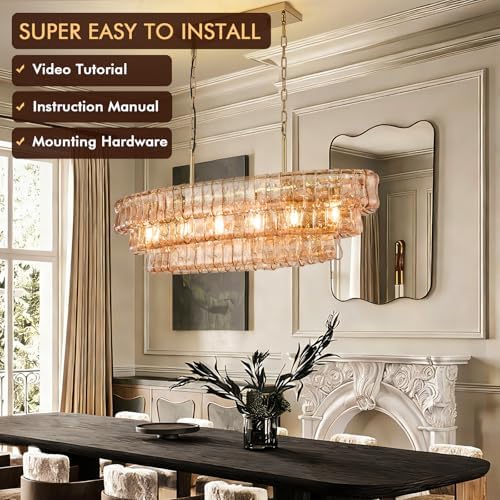 40in Large Chandelier Gold, Modern Dining Room Light Fixtures, 3 Layer Luxury Glass Chandelier 6 Light Rectangular Chandeliers for Dining Room Kitchen Island Living Room (Amber Glass) - Image 2