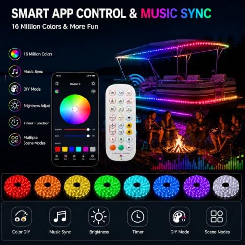 100FT LED Boat Lights, 12V RGB Marine Pontoon Led Strip Lights with APP & Remote, IP67 Waterproof Boat Interior Exterior Light with Extension Cable for Pontoon, Night Fishing, Gunnel, Deck, RV - Image 3