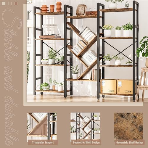 INNOD Triple 4 Tier Book Shelf, Large Industrial Bookcase with Storage Cabinet, Tall Bookshelf with Open Display Shelves Furniture for Living Room Bedroom Home Office Rustic Brown - Image 6