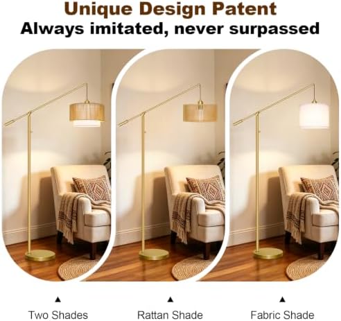 【Upgraded】Boho Dimmable Floor Lamps with Adjustable Swing Arm, 1100 Lumens Bulb Included, Modern Standing Lamp with Rattan & Fabric Shades, Farmhouse Tall Arc Floor Lamp for Living Room Bedroom, Gold - Image 6