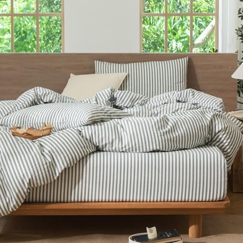 MooMee Striped Duvet Cover Set 100% Washed Cotton Linen Like King - Image 4