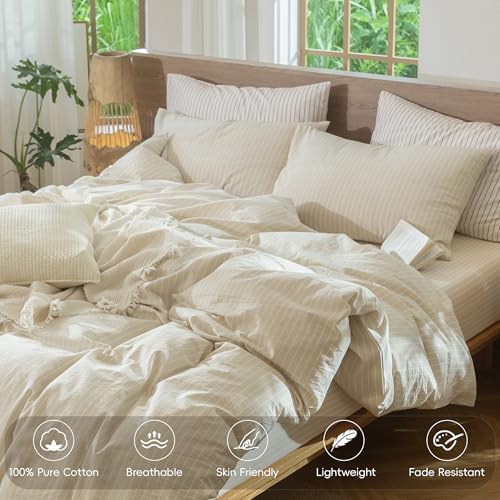 MooMee Striped Duvet Cover Set 100% Washed Cotton Linen Like Queen - Image 4
