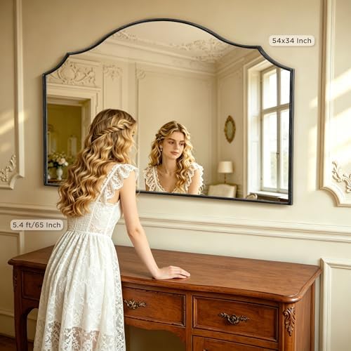 Besdomus Black Scalloped Wall Mirror: 54"x34" Oversized Wood Arched Mirror - Image 3