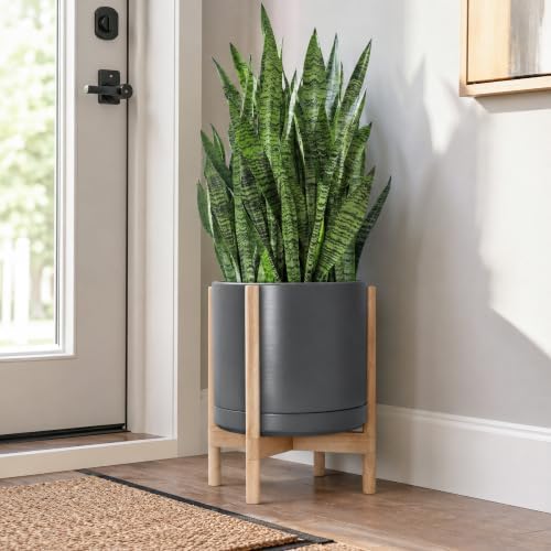 D'vine Dev Ceramic Pot with Natural Wood Stand, Grey, 14 in, 55-B-R-3 - Image 4