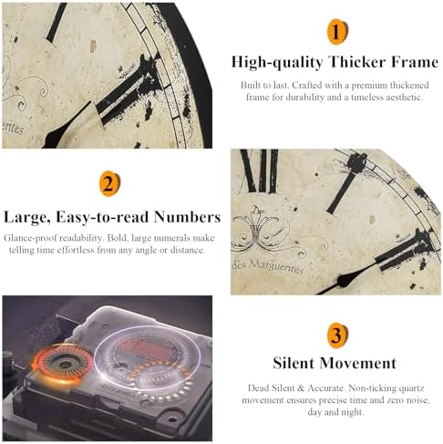 24 Inch Vintage Yellow Wall Clock, Farmhouse Silent Non-Ticking Battery Operated Wall Clocks, Large Roman Numeral Dial Decorative Round Wall Clock for Living Room, Kitchen, Office - Image 3