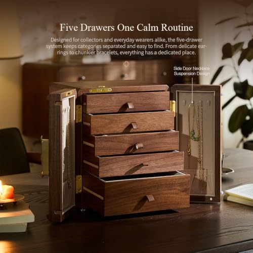 Lockable Walnut Jewelry Box with Key, 5-Layer Jewelry Storage Box - Image 2