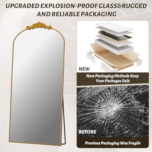 Vintage Full Length Mirror,76"x34" Arched Antique Floor Mirror with Carved Metal Frame,Large Standing Wall Mounted or Leaning Mirror for Bedroom Living Room Entryway,Gold - Image 4