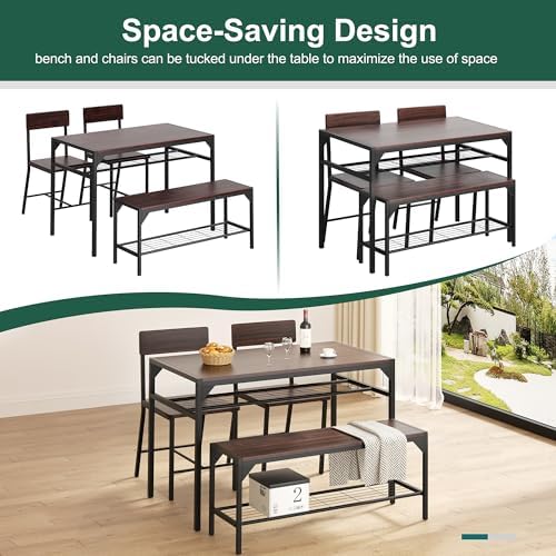 Shintenchi Dining Table Set for 4 with Bench and Chairs, Dark Walnut - Image 5