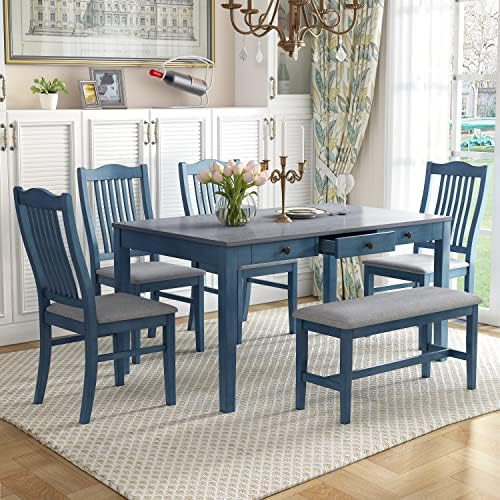 Compact 6-Piece Dining Table Set, Solid Wood Kitchen Dining Room Table Set with 4 Padded Ergonomic Chairs & Bench, 60'' Rectangular Table with Storage Drawer, Space-saving Design (Antique Blue-P) by Unknown