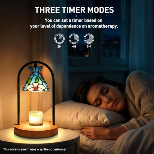 Cherry Blossom Tiffany Candle Warmer Lamp, Fixed Arch Wood - Image 3