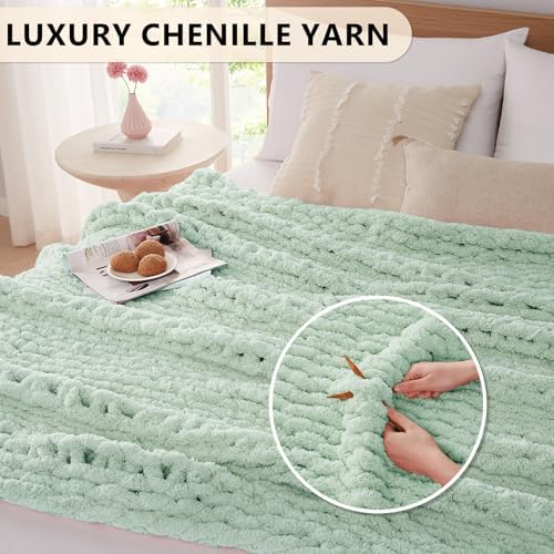 L'AGRATY Chunky Knit Throw Blanket for Couch, 60 x 80 Inches, Milky Green - Image 3