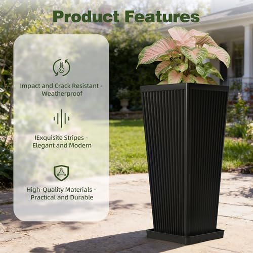 Square Tall Planters for Outdoor Plants with Tray - 24" Black 2Pack - Image 4