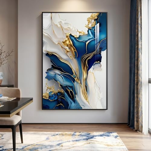 Extra Large Framed Blue White and Gold Abstract Wall Art, Vertical 40x60 In - Image 2