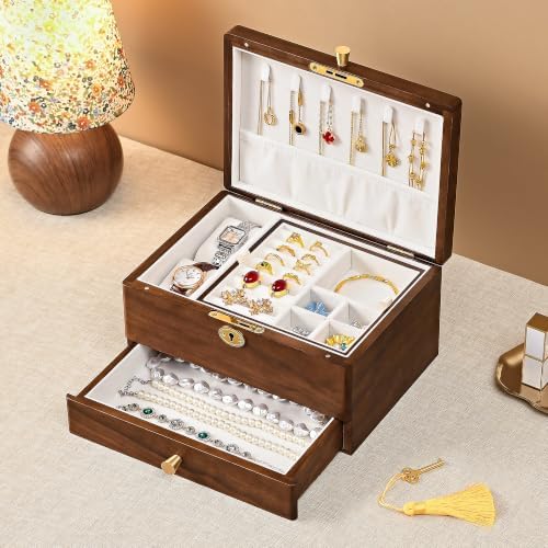 Black Walnut Jewelry Box for Women, 3 Layer Top Lock Wooden Organizer Case - Image 2