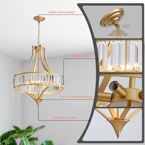 Crystal Chandeliers for Dining Room 21.6" Rustic Farmhouse Chandelier with Round Metal Shade 6-Light Large Gold Dining Room Light Fixture for Kitchen, Hallway, Bedroom, Foyer - Image 4