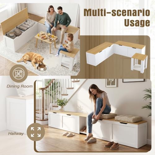 Grepatio 63" L Shaped Bench with Storage, Wooden Breakfast Nook Benches, Corner Bench with Hidden Storage, Breakfast Nook Table Set, Dining Benches for Entryway, Dining Room, Kitchen, White and Oak - Image 6