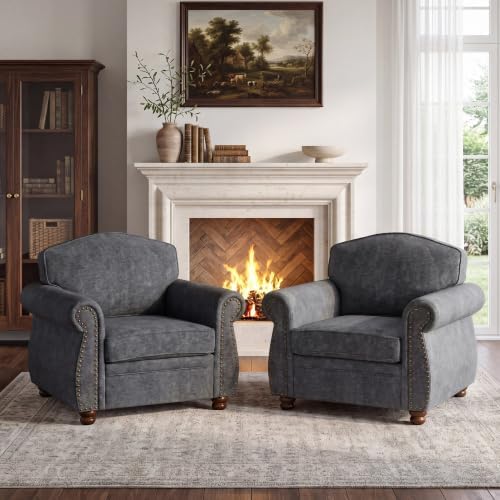 Traditional Oversized Accent Reading Chair Set of 2, 41.3", Chenille, Gray by LANDASSYHOME