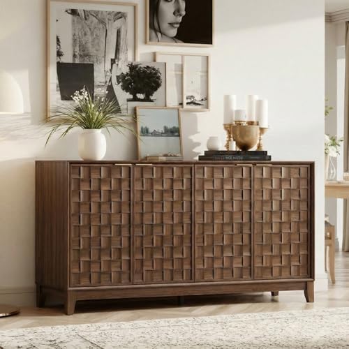 COLAMY 60" Sideboard Buffet Cabinet with Storage, Modern 4-Door Buffet Table with 3D Checkerboard Doors & Solid Wood Legs, Large Coffee Bar Cabinet for Dining Room, Living Room, Entryway, Espresso by COLAMYHOME