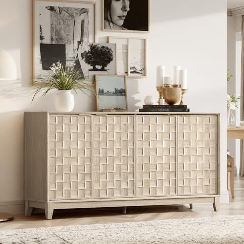 COLAMY 60" Sideboard Buffet Cabinet with Storage, Modern 4-Door Buffet Table with 3D Checkerboard Doors & Solid Wood Legs, Large Coffee Bar Cabinet for Dining Room, Living Room, Entryway,Oak Mist by COLAMYHOME