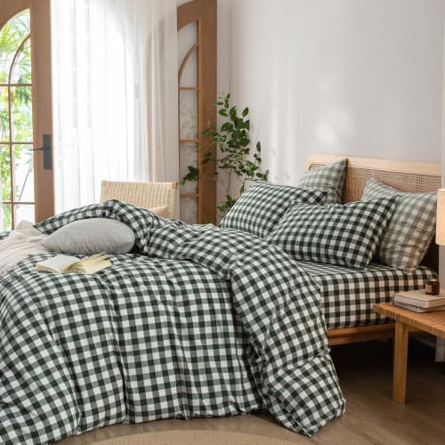 BESTOUCH Gingham Cotton Duvet Cover Set Green California King - Image 4