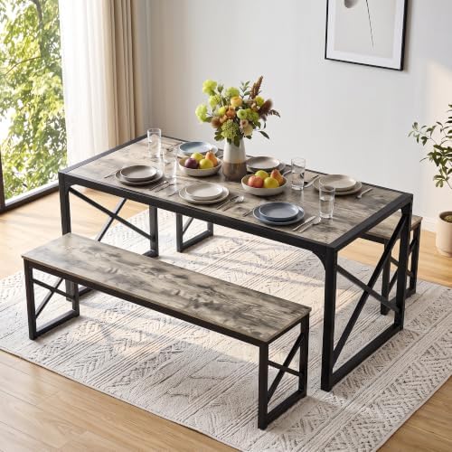 VECELO 55” Kitchen Dining Table Set for 4, Heavy-Duty Steel Frame & Wood-Grain Tabletop, Space-Saving Dinette Sets with 2 Benches for Breakfast Nook and Small Space, Grey - Image 3