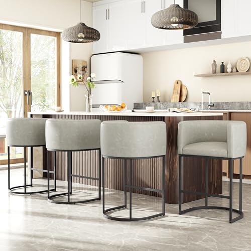 26" H Counter Height Bar Stools Set of 4, Modern Barrel Counter Stools with Backrest and Arms, Faux Leather Upholstered Accent Barstools for Kitchen Island,Support 450 LBS (Grayish White) by VATROS