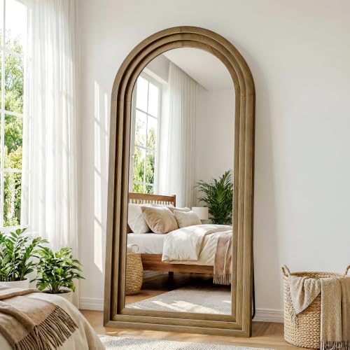 30"x71" Full Length Mirror Solid Wood Frame, Arched Floor Mirror Full Length with Stand, Room Decor Big Full Body Mirror with HD Tempered Glass for Bedroom, Living Room, Light Brown by WISSMIELSHOME