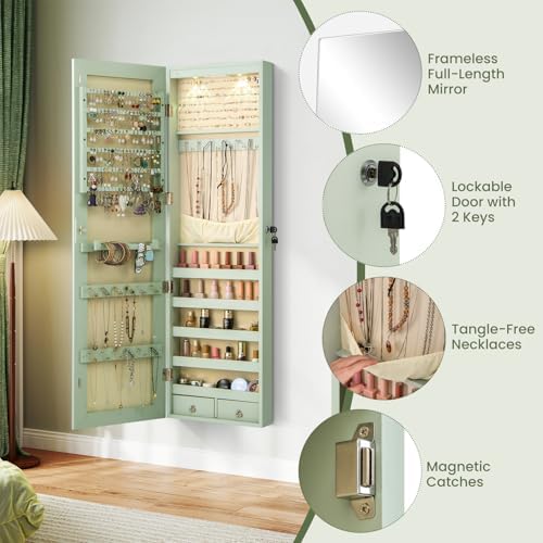 NAFORT 2 LEDs Mirror Jewelry Organizer, 47.5-Inch Borderless Full Length Mirror Jewelry Armoire, Lockable Wall Mounted Jewelry Cabinet, Jewelr Storage Box for Valentine’s Day Gift, Laurel Green - Image 5