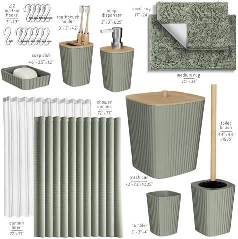 Clara Clark Bathroom Accessories Set - Bathroom Set, Bathroom Sets with Shower Curtain and Rugs, Shower Curtain Set with Trash Can - Sage Green - 22PC - Image 2