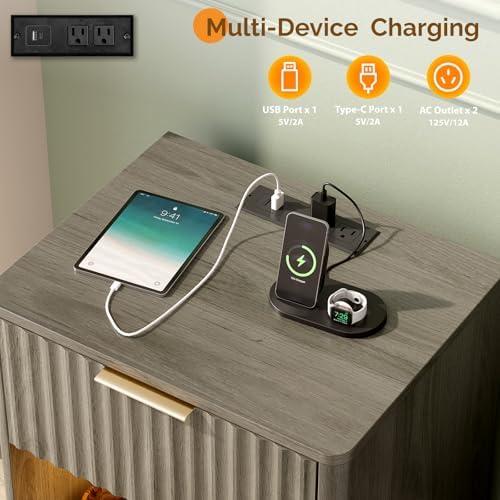 VINGLI Night Stand with Charging Station & Led Light, 19" W Fluted Nightstand Round Edge, Wood Nightstand Mid Century Modern End Table, Bed Side Table for Bedroom, Living Room, Gray Oak - Image 4