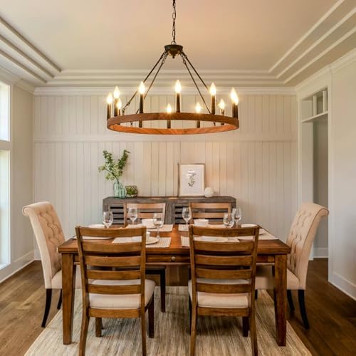 Wood-Grain Wagon Wheel Chandelier 32-Inch Modern Farmhouse Chandelier - Image 6