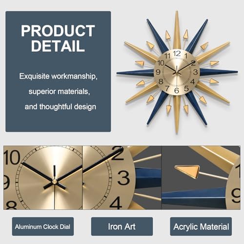 Starburst Large Wall Clock,Mid Century Decorative Wall Clock Modern Silent Clock Battery Operated for Living Room/Kitchen/Entryway/Bedroom/Office/Dinning Room Metal Wall Decor - Image 3
