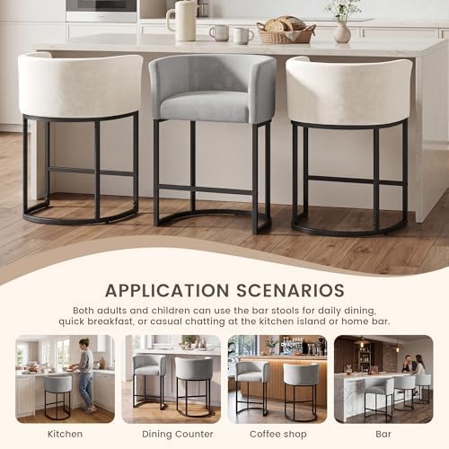 GRUSIGN Chenille Counter Height Bar Stools Set of 3, 26" Kitchen Island Stools with Arms & Footrest, Upholstered Barrel Back Bar Chairs for Kitchen, Dining Room, Bar & Lounge Area, Grey - Image 7