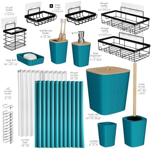 Clara Clark Bathroom Accessories Set - Bathroom Set with Adhesive Corner Shower Caddy Hanging, 25PC Bathroom Accessory Set, Teal Shower Curtain Set, Toilet Brush, Trash Can & Soap Dispenser - Image 3