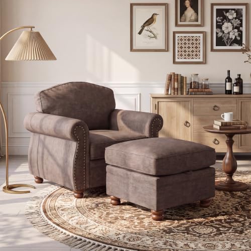 Traditional Accent Chair with Storage Ottoman, 41.3", Chenille, Brown by LANDASSYHOME