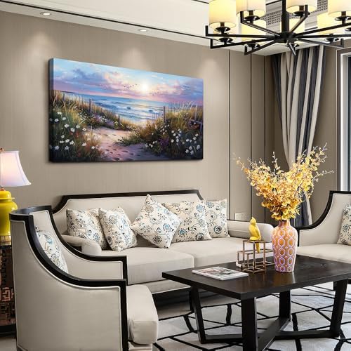 hyidecorart Canvas Wall Art For Living Room Wall DecorFor Bedroom Flower Beach Scenery Wall Painting Blue Ocean Pictures Artwork Office Decor Modern Framed Posters Home Decorations 20"X40" - Image 3